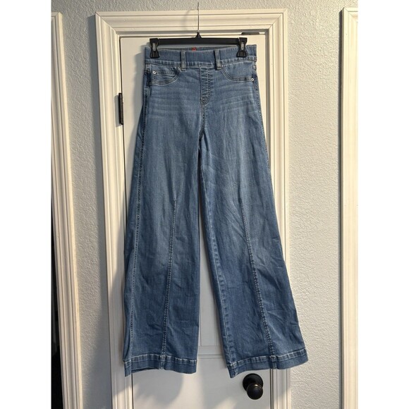 Spanx Jeans Womens Small Petite Wide Leg Pull On Denim Medium Wash Seamed Front - Picture 2 of 7